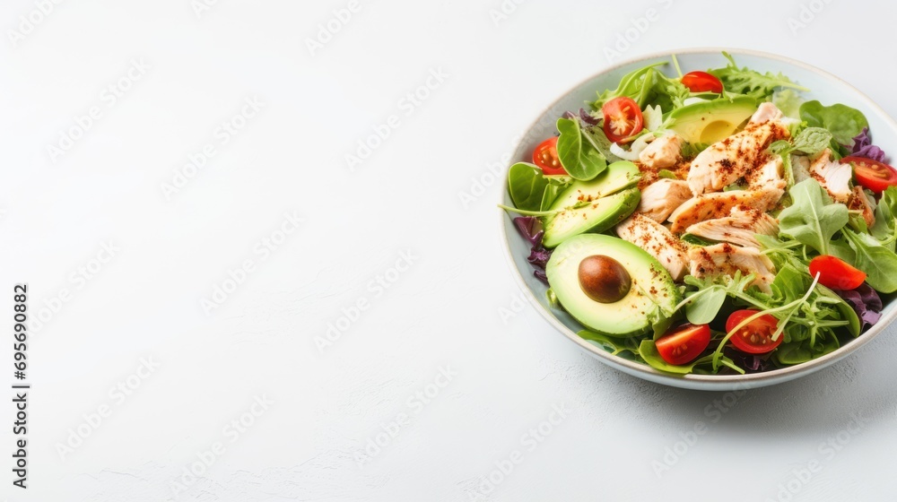Delicious salad with chicken, avocado and vegetables served on table, Delicious salad with chicken, avocado and vegetables served on table,
