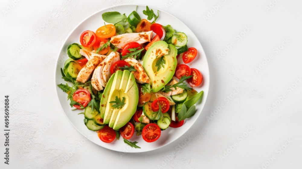 Delicious salad with chicken, avocado and vegetables served on table, Delicious salad with chicken, avocado and vegetables served on table,
