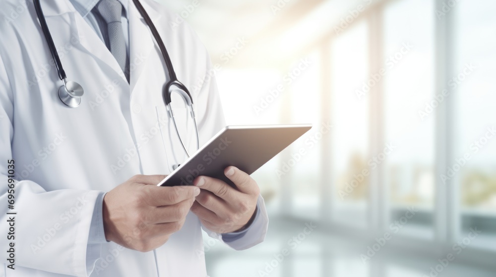 Doctor working on digital tablet on hospital background, Doctor working on digital tablet on hospital background,
