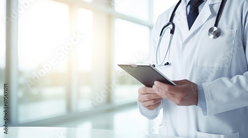 Doctor working on digital tablet on hospital background,