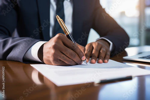 African businessman signing legal document or contract photo