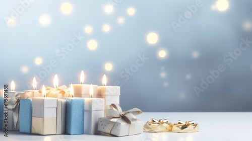 Hanukkah menorah and gift boxes on light background.  photo