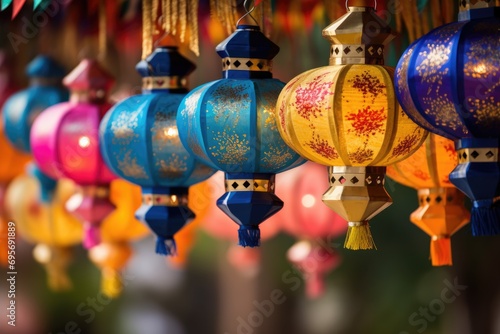Artistry in Illumination: Close-Up of Handmade Silk Lanterns for Sale at a Street Market in Hoi An, Vietnam. 