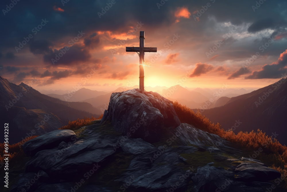Christian theme background with a cross on top of a hill Christian theme background with a cross on top of a hill