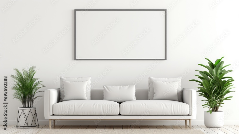 Horizontal frame mockup in warm living room interior with beige sofa, pillows and indoor flowers Horizontal frame mockup in warm living room interior with beige sofa, pillows and indoor flowers