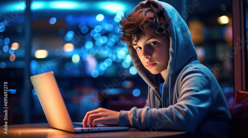 Teenage boy in hoodie using laptop at night in cafe.