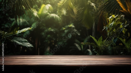 Wooden table top on blurred background of tropical garden with palm trees.