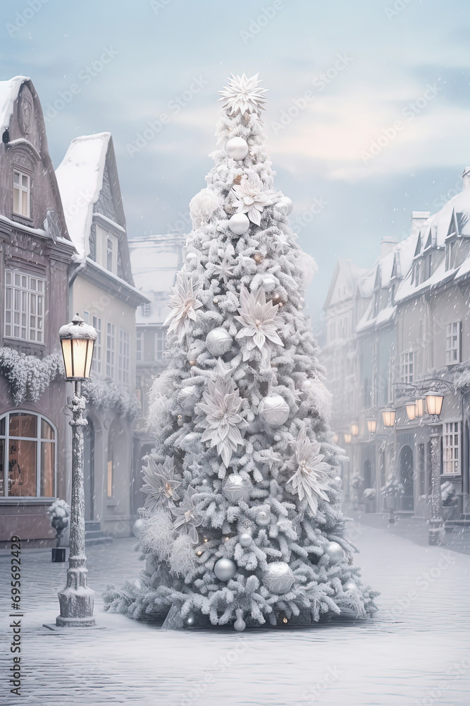 Snowy Christmas tree in enchanting town. Pastel tones