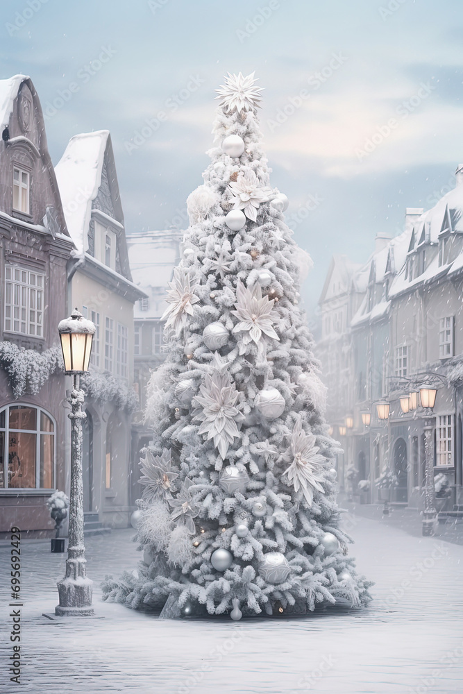 Obraz premium Snowy Christmas tree in enchanting town. Pastel tones