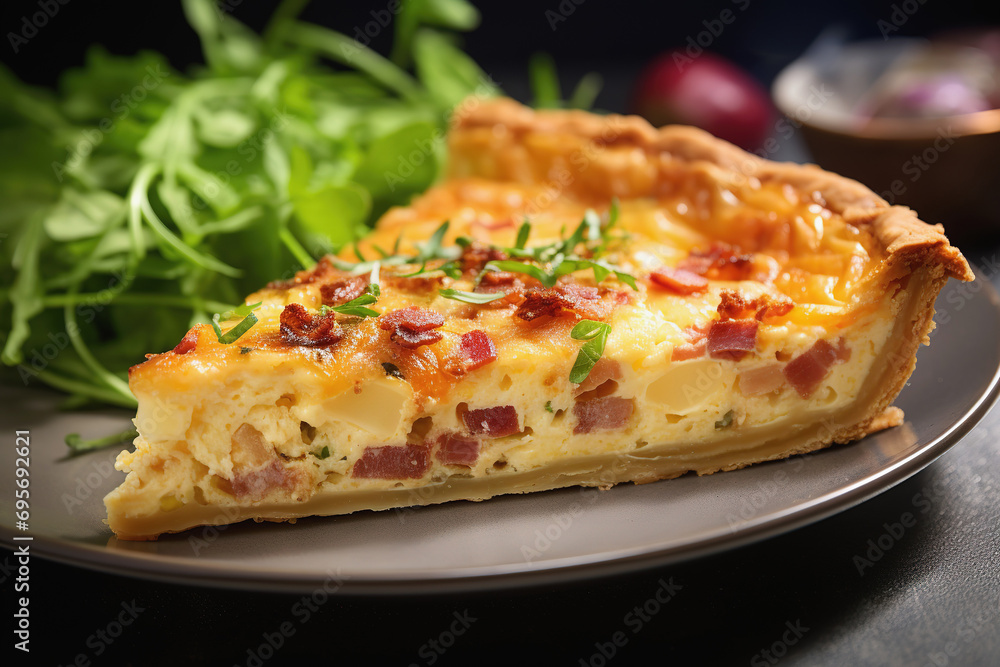 Quiche Lorraine with crispy bacon and fresh herbs
