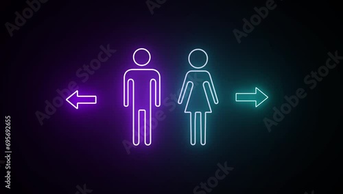Man and women toilet signs in neon lights animation. Flicker, In - Out sign. WC Toilet Neon Sign with Male ad Female Icon Glowing Light on black background. photo