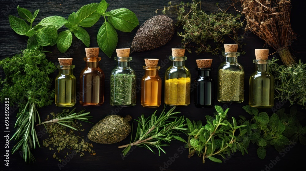 herbs, essencial oils for naturopathy. Natural remedy, herbal medicine,  - obrazy, fototapety, plakaty 