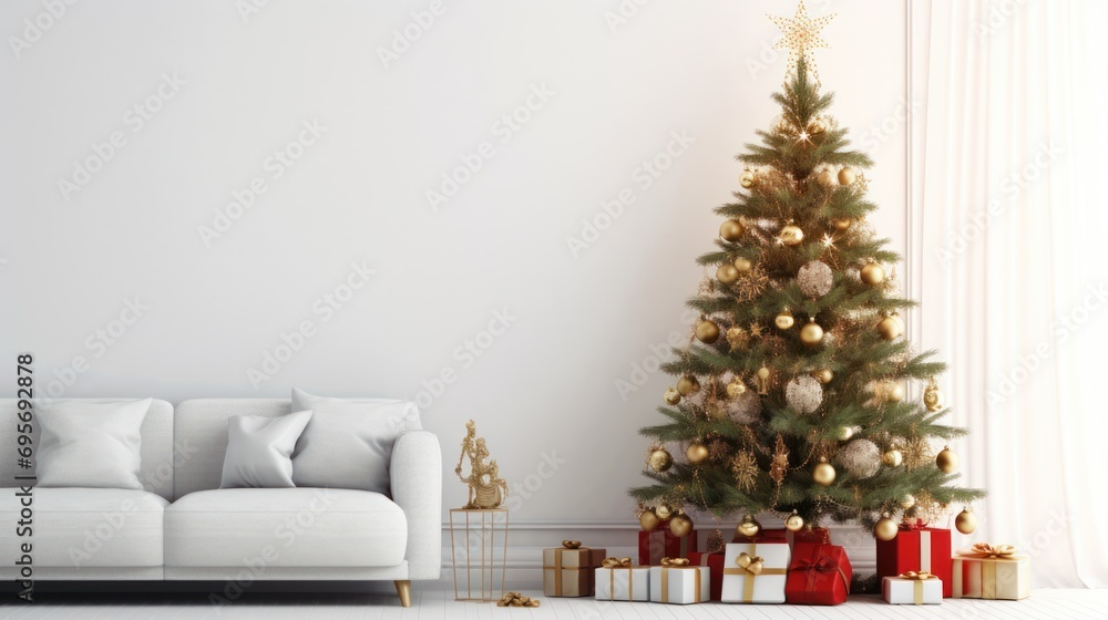interior wall mock up with white armchari and decorated christmas tree on empty white background.