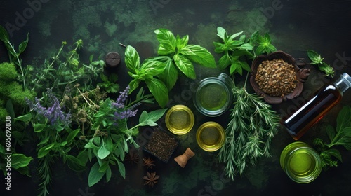 herbal background,, essencial oils for naturopathy. Natural remedy, herbal medicine, blends for bath  photo