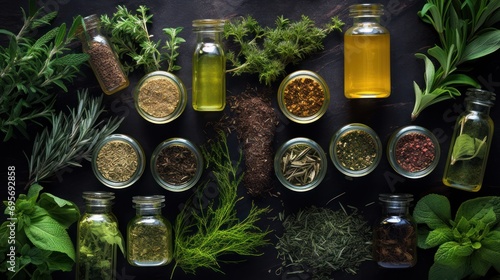 herbs, essencial oils for naturopathy. Natural remedy, herbal medicine,  photo