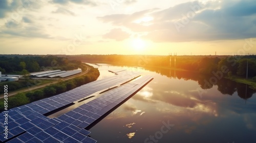 many solar panel installation on dam river  photo