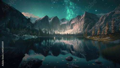 The mountains and lakes under the starry sky again, AI generated