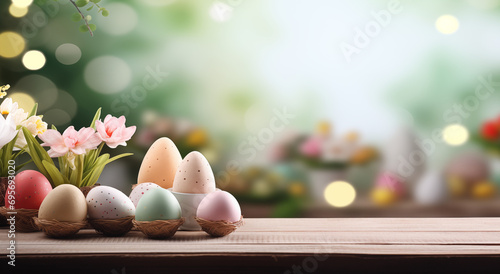 Emmpty wooden table background - easter spring theme photo