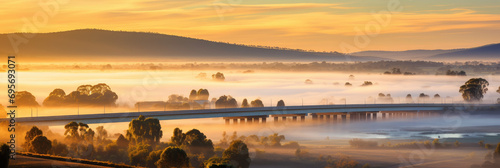 A railway bridge crosses in a wide format beautiful outdoor natural scenery
