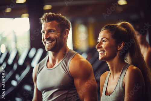 Some men and women smiling in front of gym background
