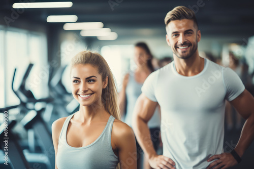 Some men and women smiling in front of gym background