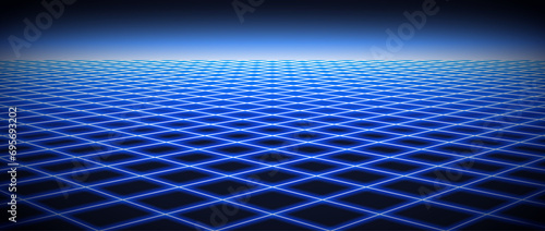 Glowing neon wireframe horizon background. Light blue grid room floor in perspective. Bright retro futuristic wallpaper. Abstract checkered plane landscape. Game wire frame surface. Vector backdrop
