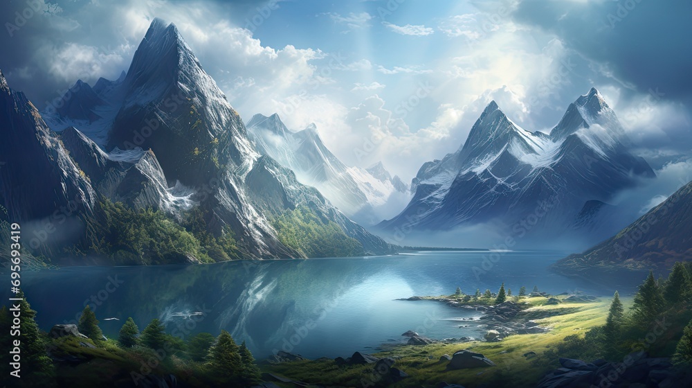 Naklejka premium Mountains Surrounded By Water