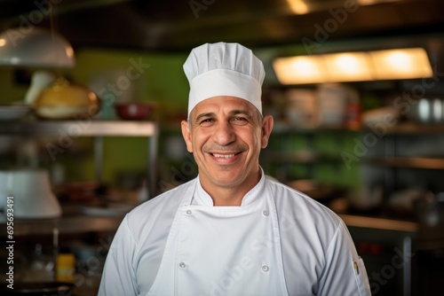 Smiling mature chef looking at the camera inside a restaurant kitchen 