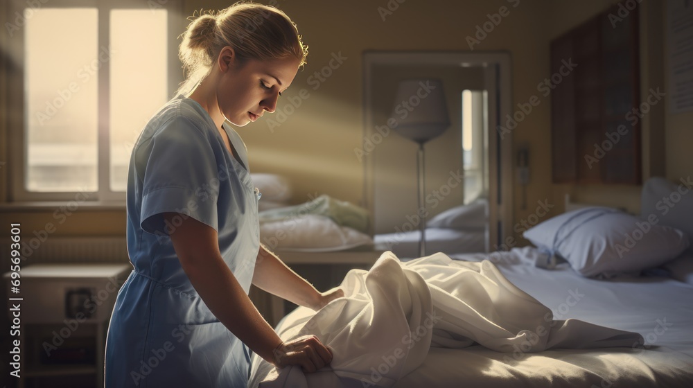 Fototapeta premium Nurse making the bed at a hospital ,hospital cleanliness