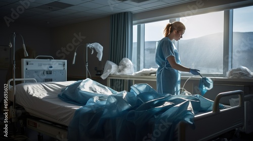 nurse with clean bed Nurse making the bed at a hospital 