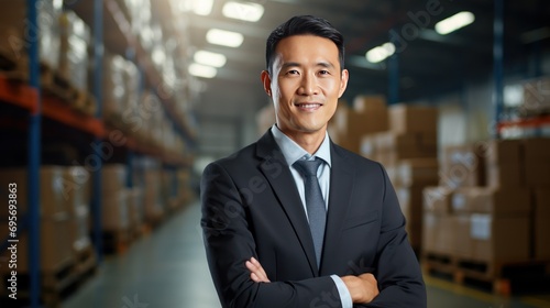 Portrait of Smiling Asian Manager Man Standing at Warehouse. 