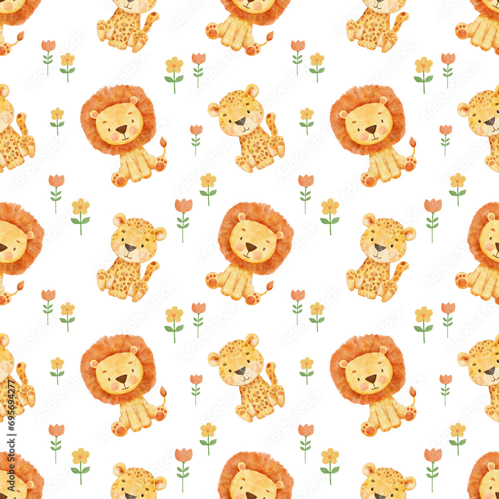 Seamless pattern with cute sitting lion and cheetah on white. Endless watercolor pattern for textiles or fabric for newborns. Cartoon happy baby animals