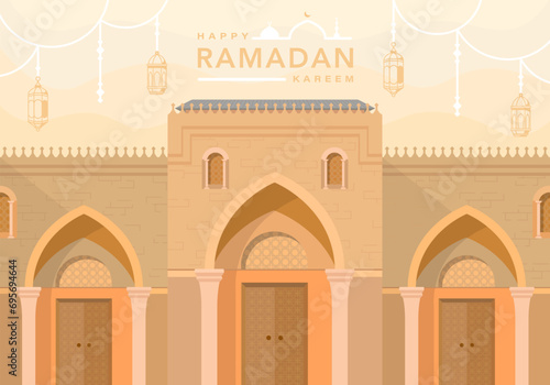 Ramadhan greetings with a beautiful mosque background