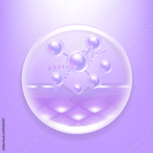 Hyaluronic acid hair and skin solutions ad, purple collagen serum drops into skin cells with cosmetic advertising background ready to use, illustration vector.