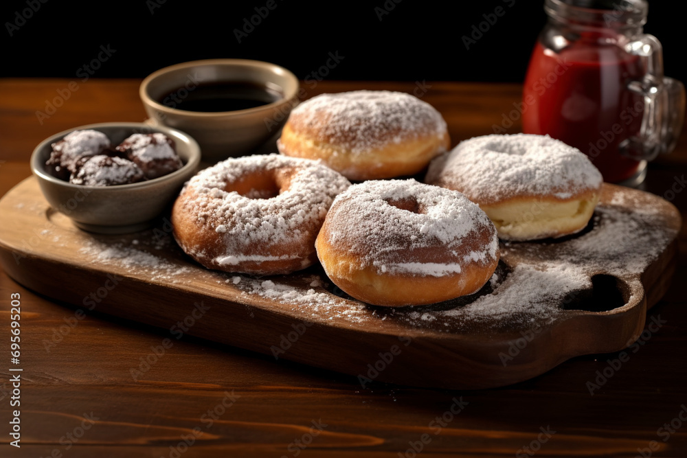 Portuguese doughnuts are served on a wooden board. (Generative AI) Portuguese doughnuts are served on a wooden board. (Generative AI)