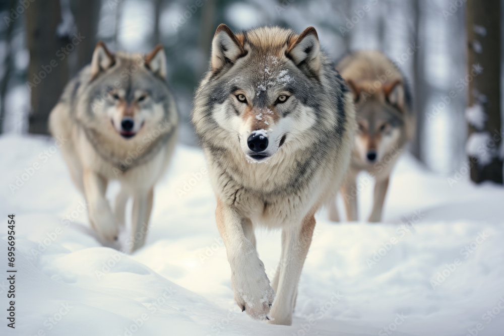 a pack of wolves hunting for prey