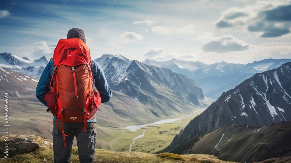 Hiker with backpack, looking at the vast mountain 