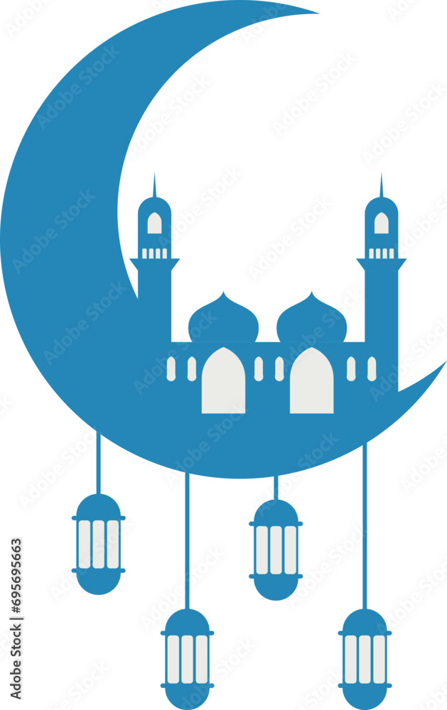 Islamic Crescent Moon, Mosque And Lantern Silhouette