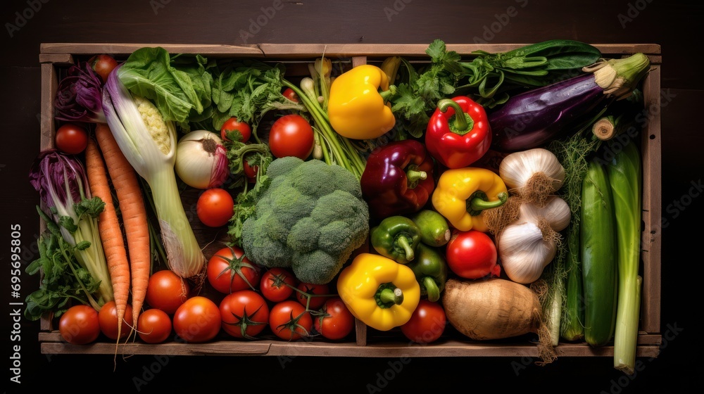 top down view A variety of fresh vegetables harvested ,  cardboard box 