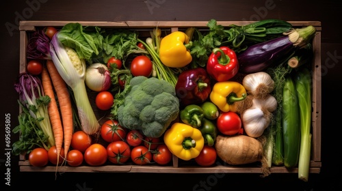 top down view A variety of fresh vegetables harvested    cardboard box 