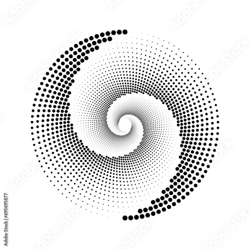 Dotted spiral lines element. Radial spinning halftone form. Circle swirl dots shape. Abstract halftone geometric background for poster, banner, logo, icon, presentation, booklet. Vector optical art