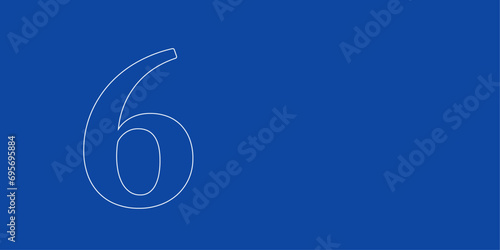 A large white outline number six symbol on the left. Designed as thin white lines. Vector illustration on blue background