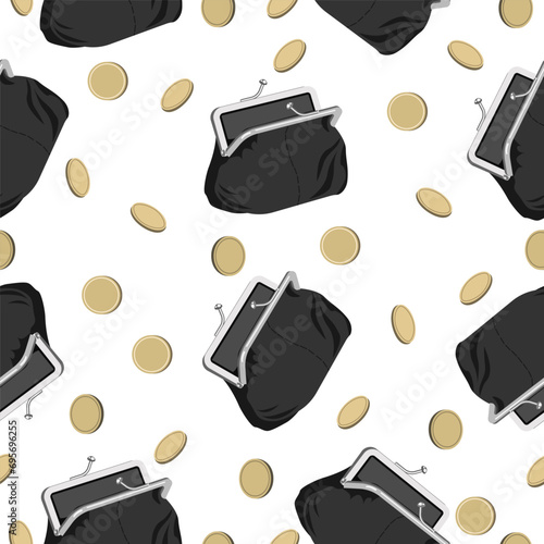 Seamless pattern of black open wallet and money coins on a white background.Vector pattern for wallpaper,textile,paper.