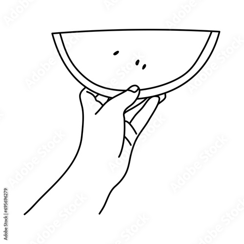hand with a slice of watermelon line art vector illustration