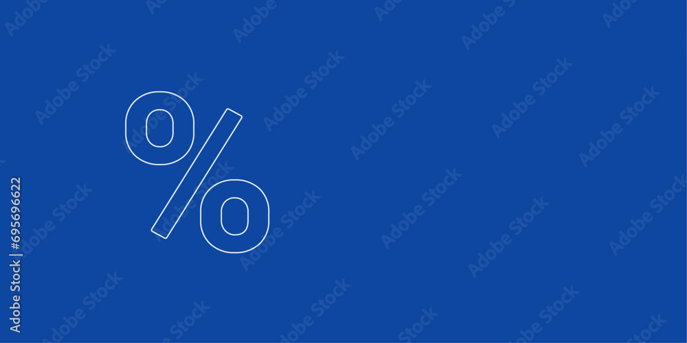 A large white outline percent symbol on the left. Designed as thin white lines. Vector illustration on blue background A large white outline percent symbol on the left. Designed as thin white lines. Vector illustration on blue background