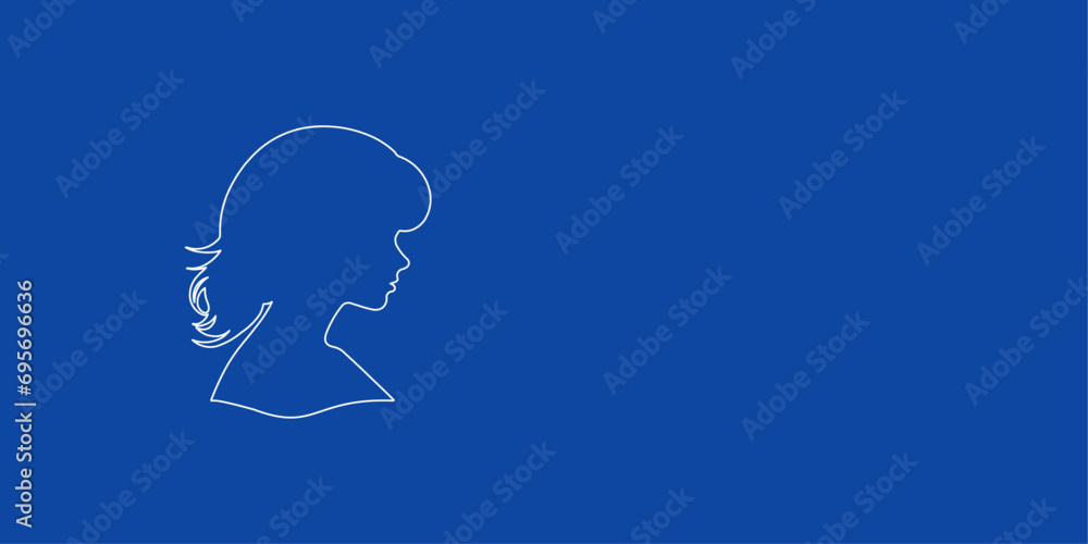 A large white outline woman face profile symbol on the left. Designed as thin white lines. Vector illustration on blue background A large white outline woman face profile symbol on the left. Designed as thin white lines. Vector illustration on blue background