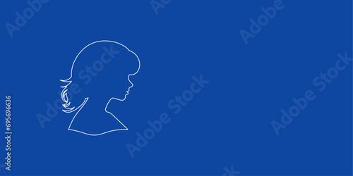 A large white outline woman face profile symbol on the left. Designed as thin white lines. Vector illustration on blue background