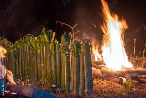 Cooking Process of Glutinous Rice roasted in Bamboo Trunk