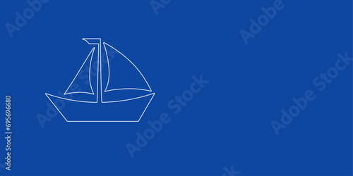 A large white outline sailing boat symbol on the left. Designed as thin white lines. Vector illustration on blue background