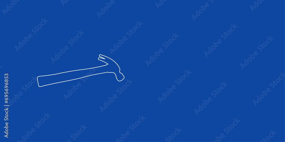 A large white outline hammer symbol on the left. Designed as thin white lines. Vector illustration on blue background A large white outline hammer symbol on the left. Designed as thin white lines. Vector illustration on blue background